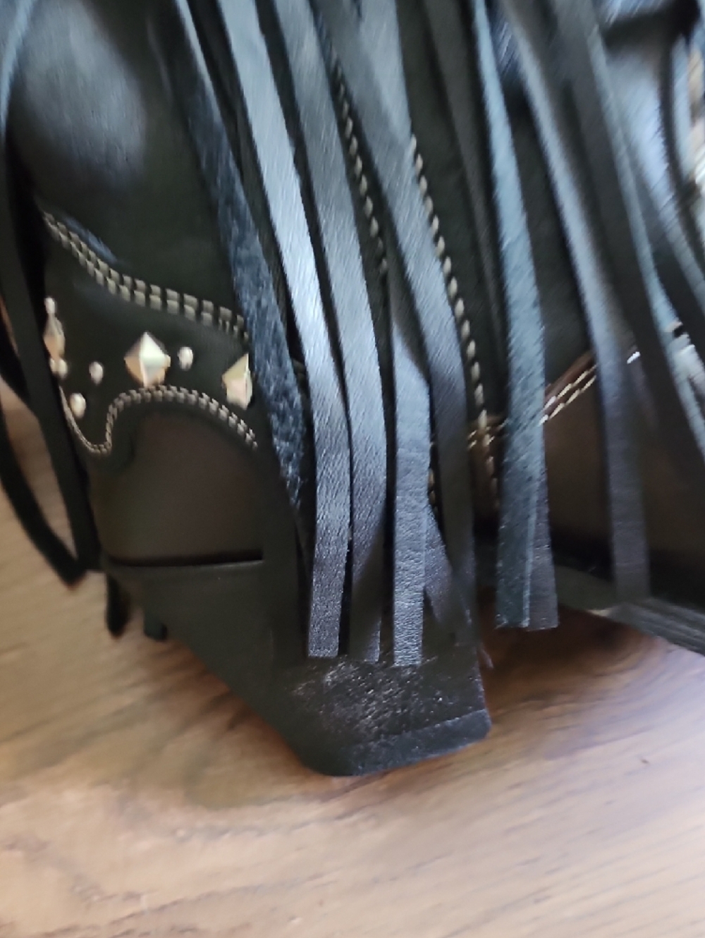Fringe Studded Western Ankle Boots - Black/Brown with Silver Accents - Picture 3 of 13